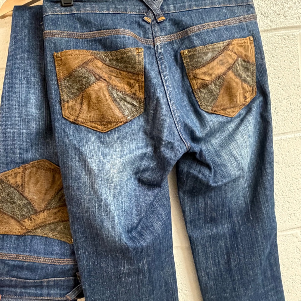Chi Falchi Womens 2 Lot Patchwork Suede Pocket Western Denim Jeans Blue Y2K Boho